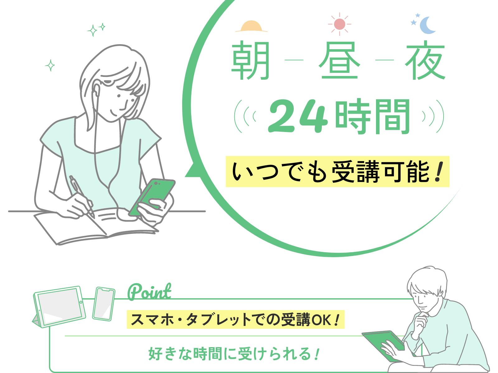 朝昼夜24時間いつでもどこでも受講可能！